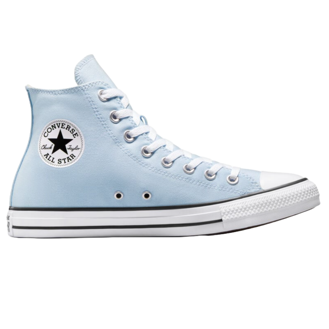 Light blue Converse Chuck Taylor All Star high-top sneaker with the iconic circular logo on the side, white laces, and a white rubber sole with black stripe accents.