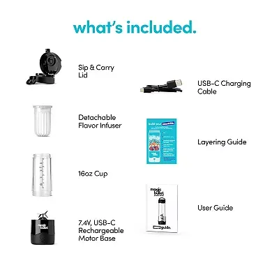 Included are a Sip & Carry Lid, USB-C Charging Cable, Detachable Flavor Infuser, a Layering Guide, a 16oz Cup, and a 7.4V USB-C Rechargeable Motor Base for the Magic Bullet Blender, along with a User Guide.