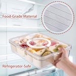 A clear, food-grade storage container with compartments is being placed in a refrigerator; it's highlighted as refrigerator-safe.