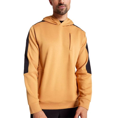 A mustard-yellow fleece hoodie with black accents on the shoulders and sleeves, featuring a small chest pocket and a relaxed fit.