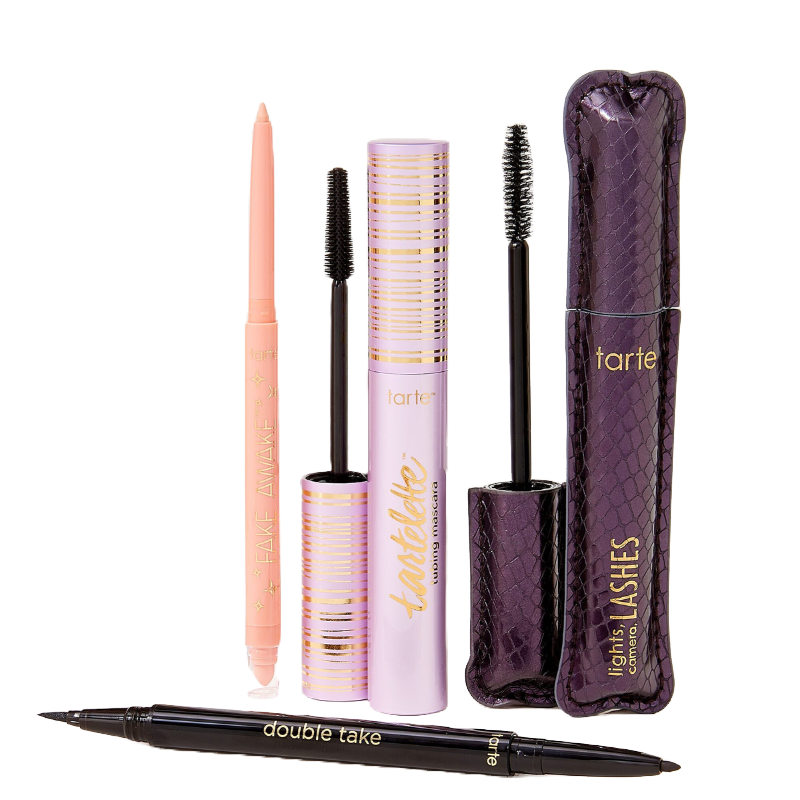 Tarte's 4pc Showstoppers Lash & Liner Set includes a pink eyeliner, Tartelette tubing mascara, Lights, Camera, Lashes mascara, and a Double Take eyeliner.