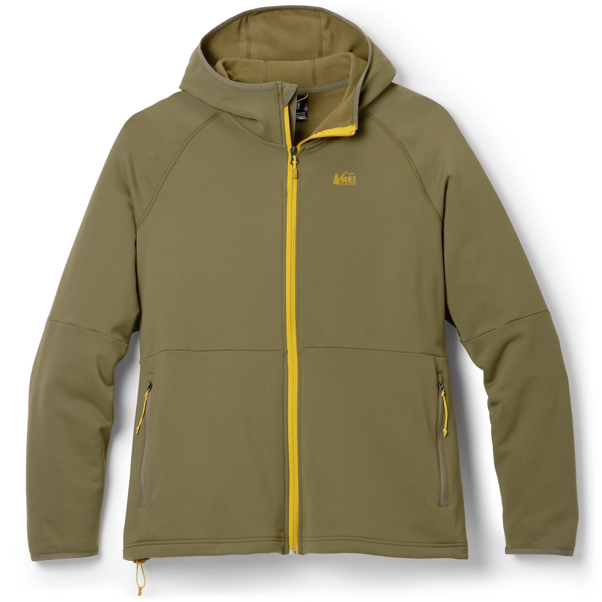 Olive green hooded jacket with yellow zippers and pockets, featuring the REI logo on the chest.