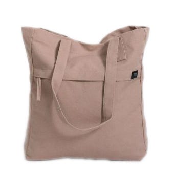 A beige tote bag with dual handles and a front zipper pocket.