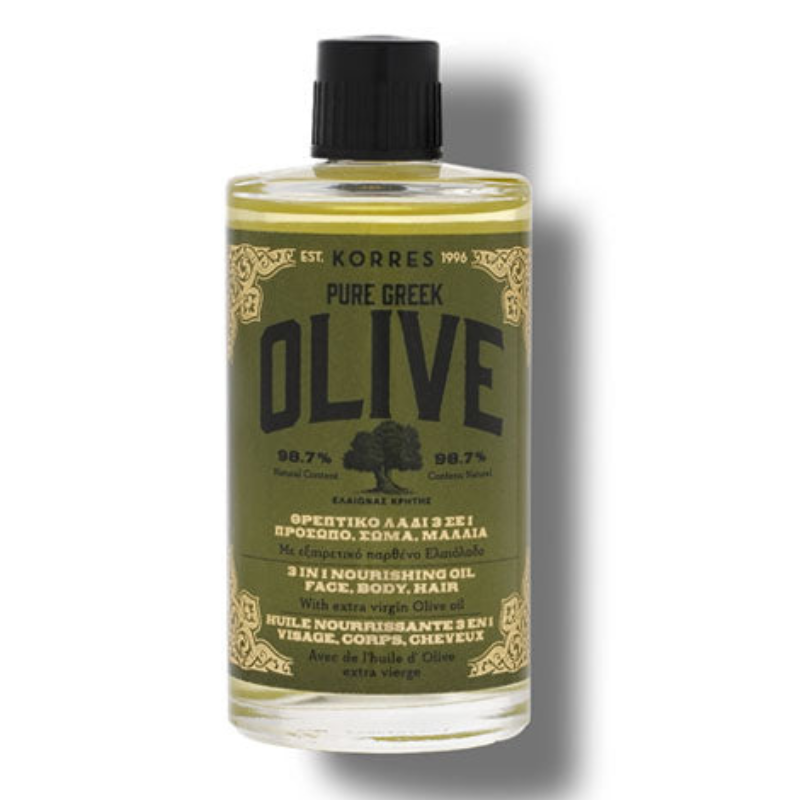 Korres Pure Greek Olive 3-In-1 Nourishing Oil is a versatile product for face, body, and hair, enriched with extra virgin olive oil. It's noted for its 98.7% natural content, offering nourishing benefits.