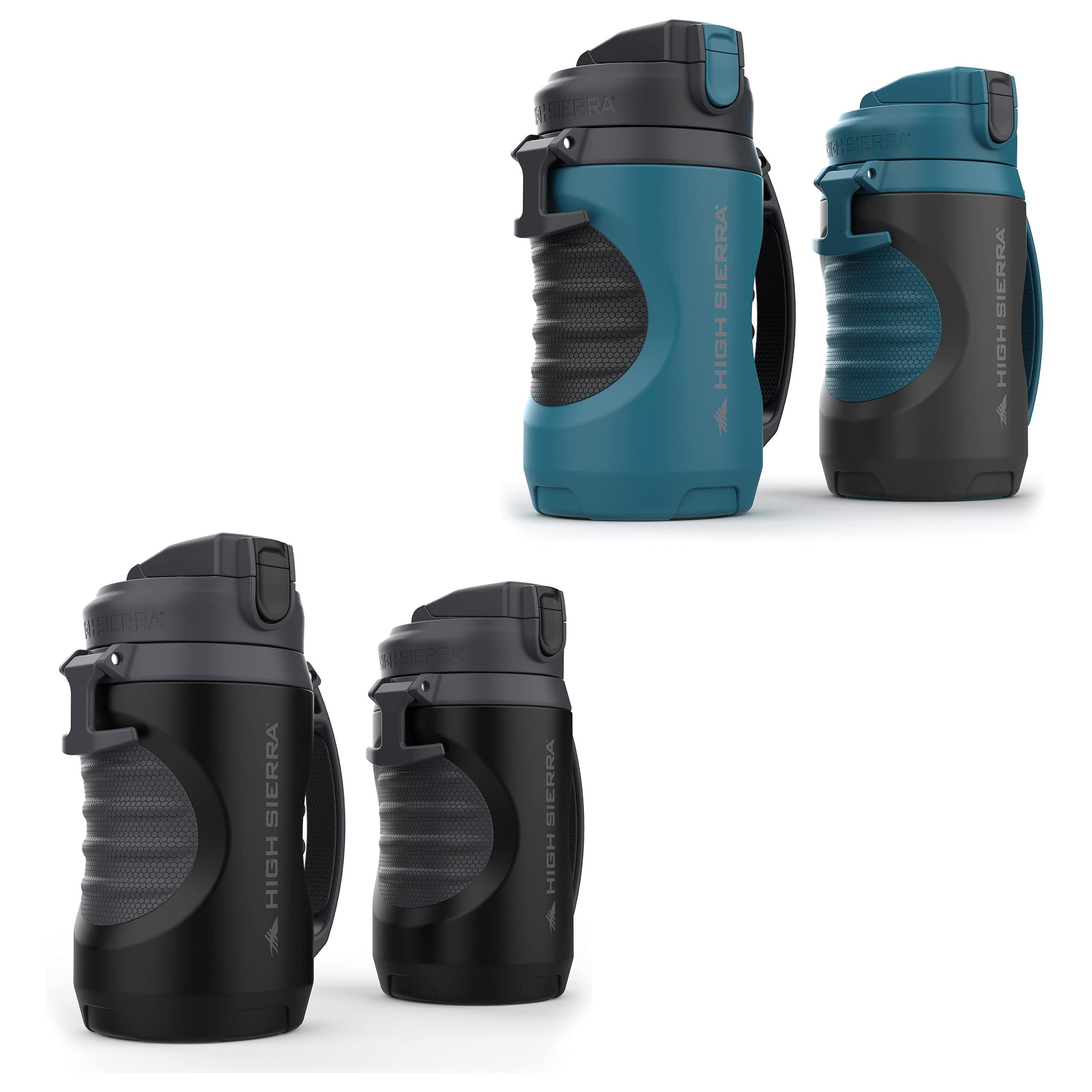 Four black and teal insulated drinkware containers with lids and handles, differing in size and design.