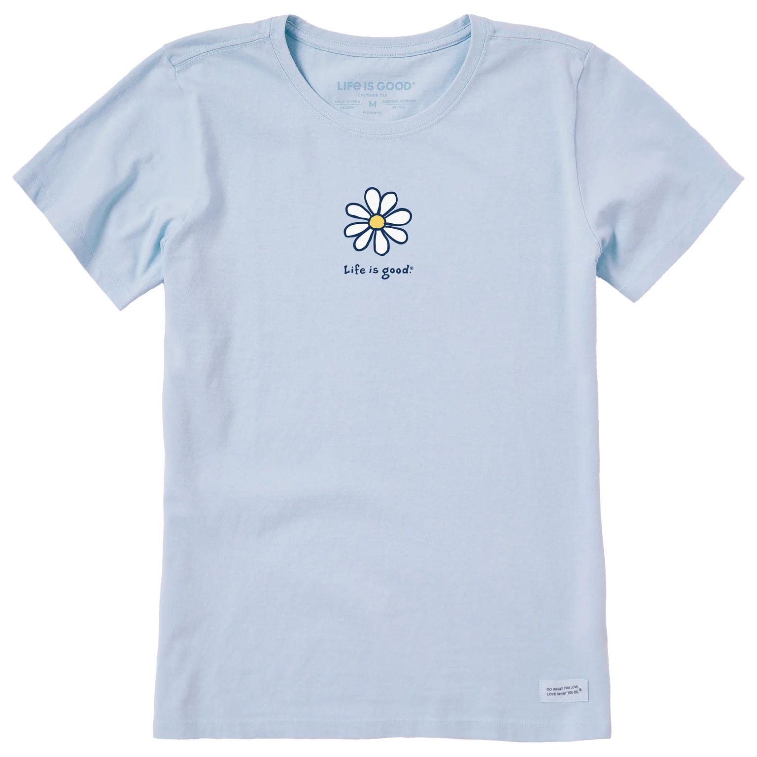 Light blue short-sleeve tee with a simple daisy graphic and the text \“Life is good.\“ below it.