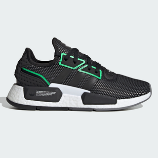 Black running shoe featuring white cushioning, three stripes design, and neon green accents.