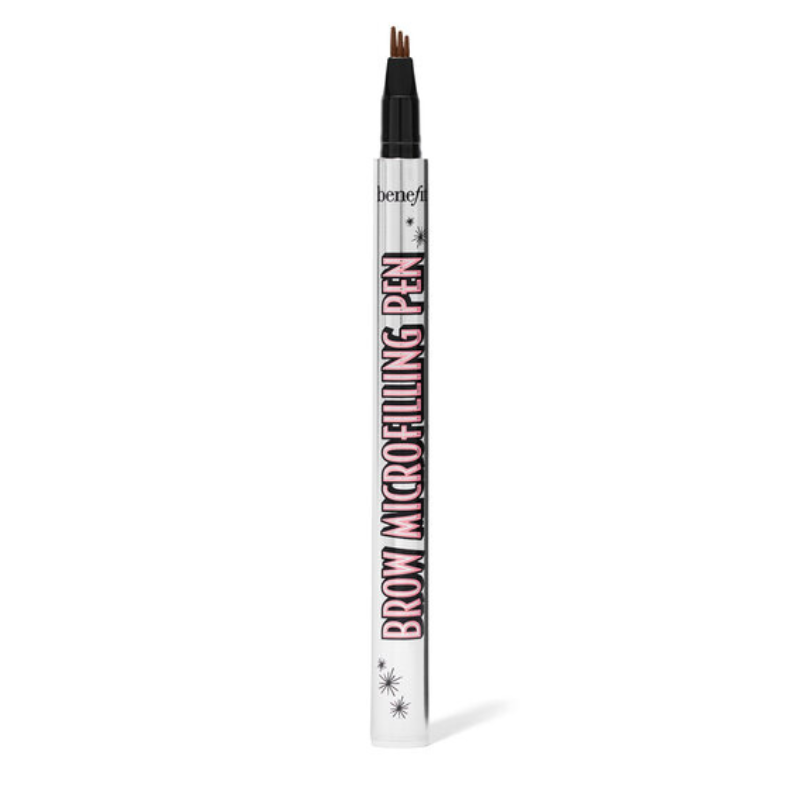 A pen with a white body and black text stating \“Brow Microfilling Pen,\“ featuring a multi-pronged tip intended for eyebrow enhancement.