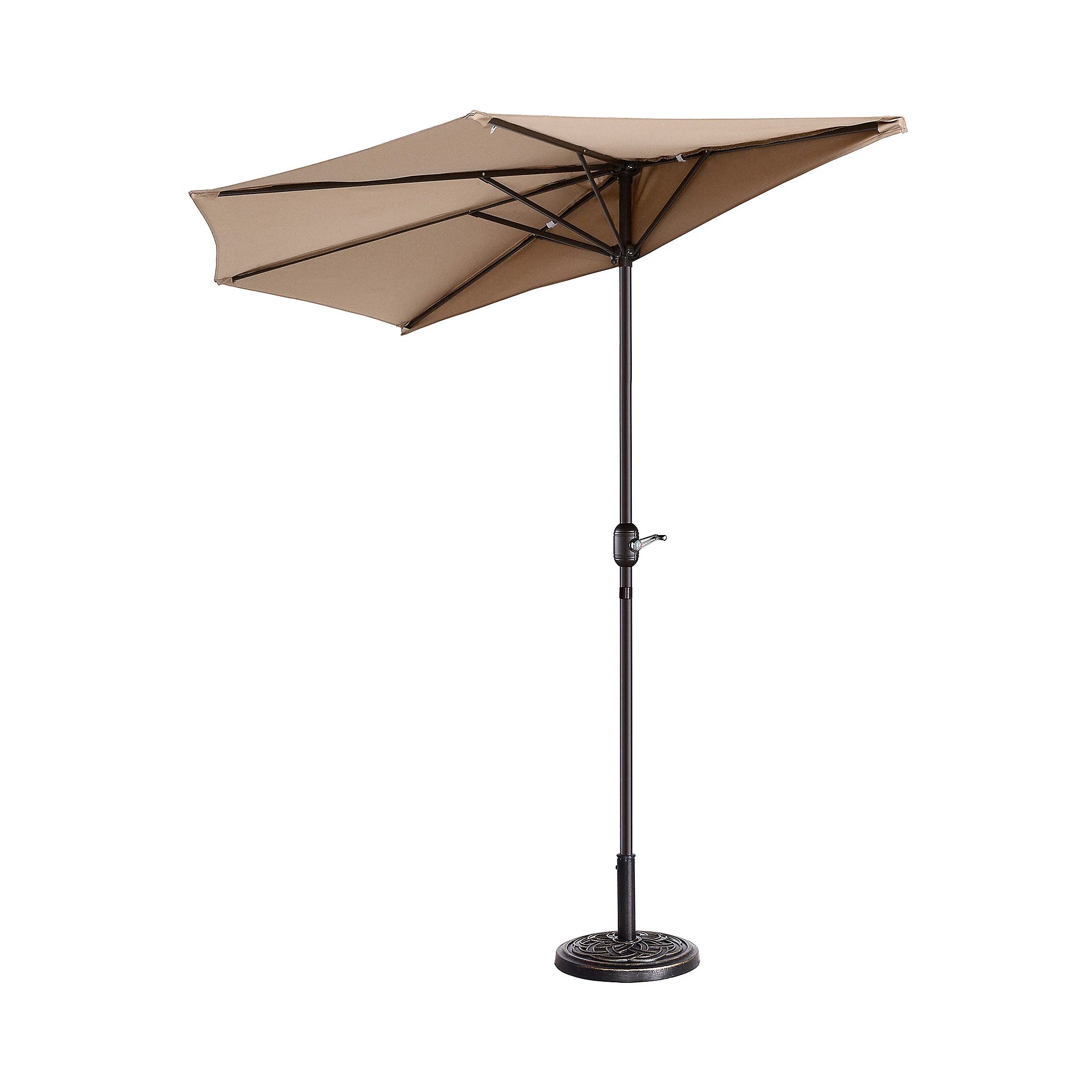A beige patio umbrella with a crank mechanism, supported by a metal pole and a decorative round base.