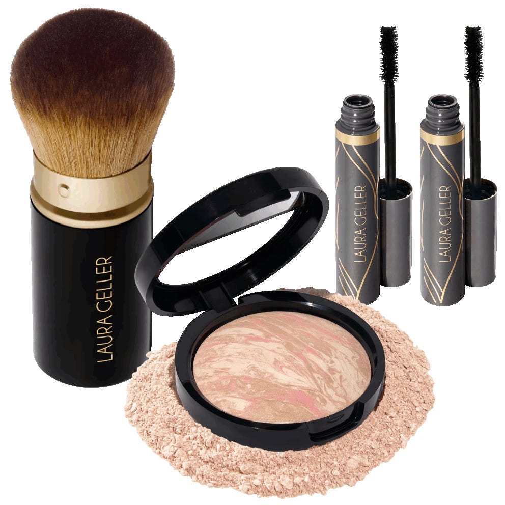 A makeup brush, compact powder, and two mascara tubes, all in black and gold packaging labeled \“LAURA GELLER\“.