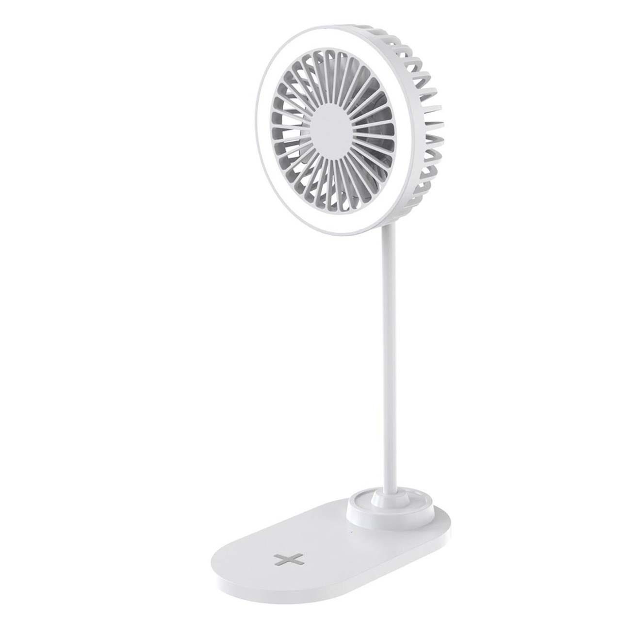 A white desk fan with a circular head on a vertical stand, featuring a wireless charging base.