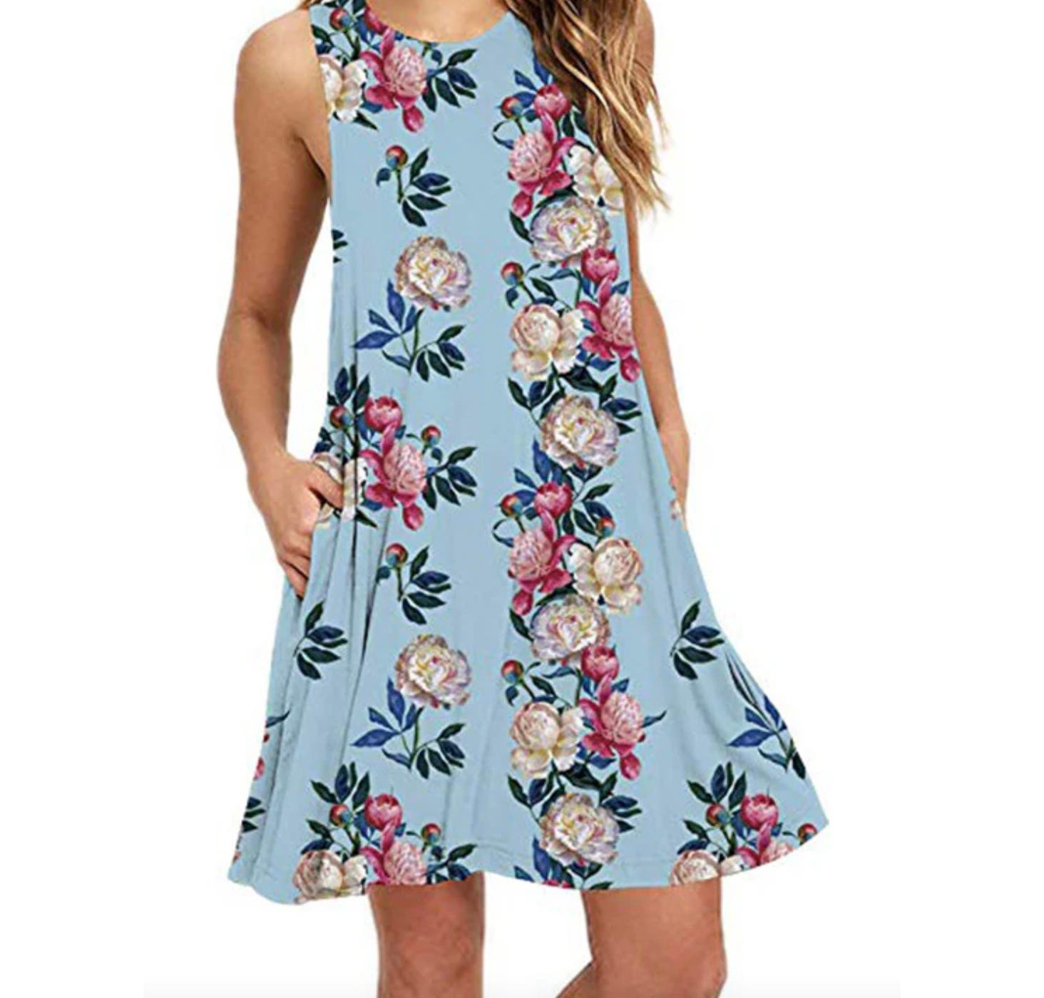 A sleeveless, light blue summer dress with a flowy silhouette, featuring a vertical floral pattern of pink and white flowers with green leaves. It includes pockets on both sides.