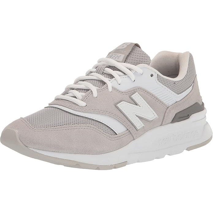 A light gray and white New Balance sneaker featuring mesh and suede materials, with the iconic \“N\“ logo on the side and a cushioned sole for comfort.
