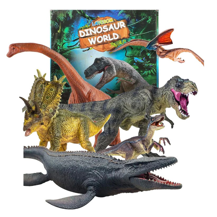 A six-piece dinosaur toy set features a variety of plastic dinosaur figures, including a T-Rex, Brachiosaurus, Triceratops, Velociraptor, Pteranodon, and Mosasaurus, with a colorful backdrop.