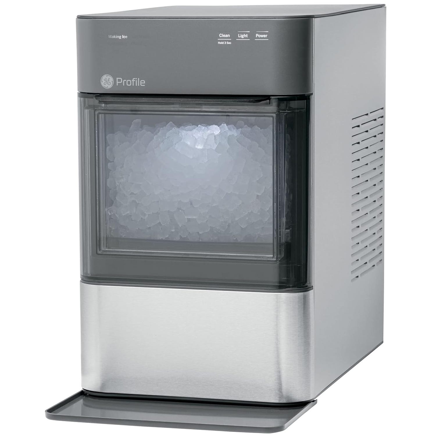 A GE Profile countertop nugget ice maker with a sleek stainless steel design, featuring controls for clean, light, and power, and a visible ice compartment.