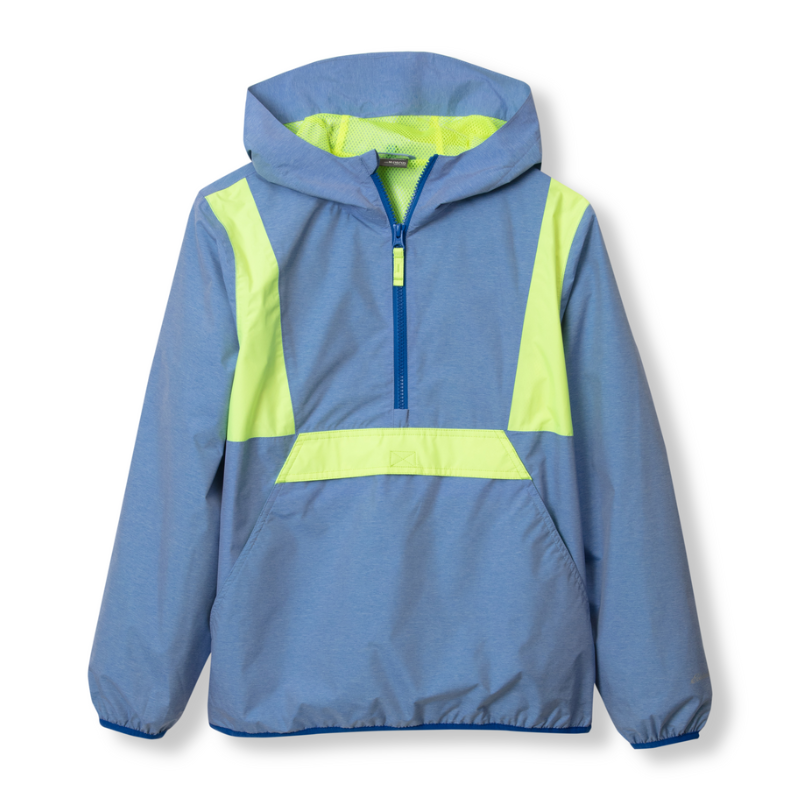 A blue rain jacket with neon yellow accents on the shoulders and front. It features a hood, a half zipper with a blue pull, and a front pouch pocket, designed for kids.
