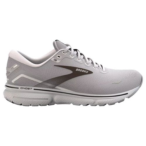 Gray and white Brooks Ghost running shoe with black accents.