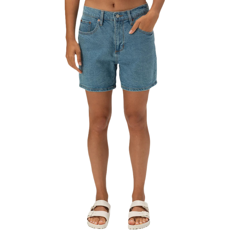 RSQ High Rise Midi Shorts are blue denim shorts with a high waist and classic five-pocket design. They feature a button and zipper closure, with a standard mid-thigh length, paired with white sandals.