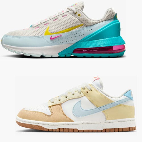 Two pairs of Nike sneakers, the top pair is colorful with a visible air cushion, and the bottom pair has pastel tones with a classic design.