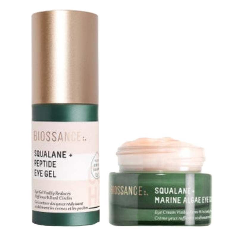 Biossance Eye Care Duo includes Squalane + Peptide Eye Gel and Squalane + Marine Algae Eye Cream. The gel targets puffiness and dark circles, while the cream provides visible lifting and firmness.