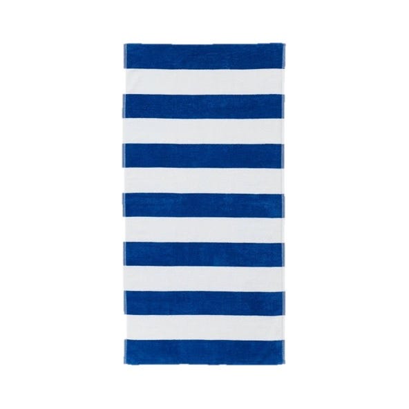 A beach towel featuring bold horizontal stripes in blue and white.