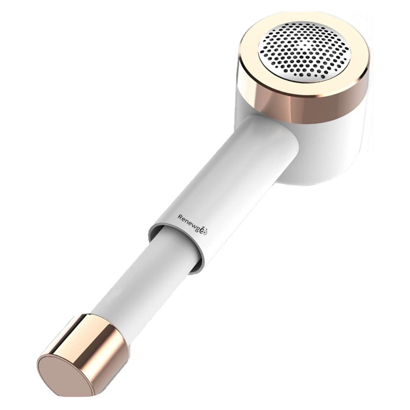 White and rose gold handheld fabric steamer with a perforated head.