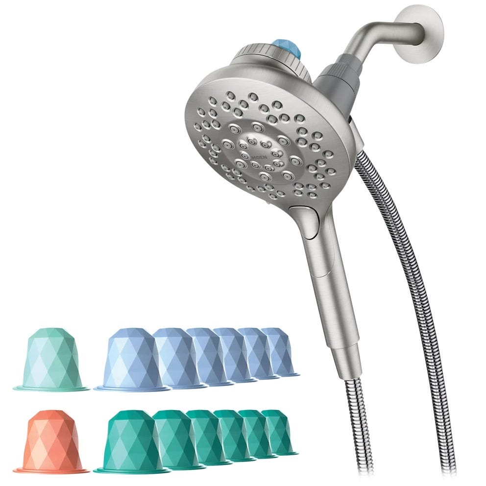 Moen Aromatherapy Handshower features multiple spray settings and comes with scented capsules in various colors for a spa-like shower experience.
