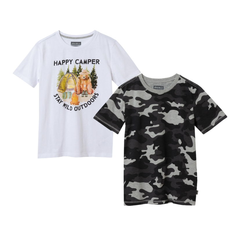 A 2-pack of short-sleeve T-shirts: one features a white shirt with a \“Happy Camper\“ graphic and outdoor scene, and the other is a black and gray camouflage pattern.