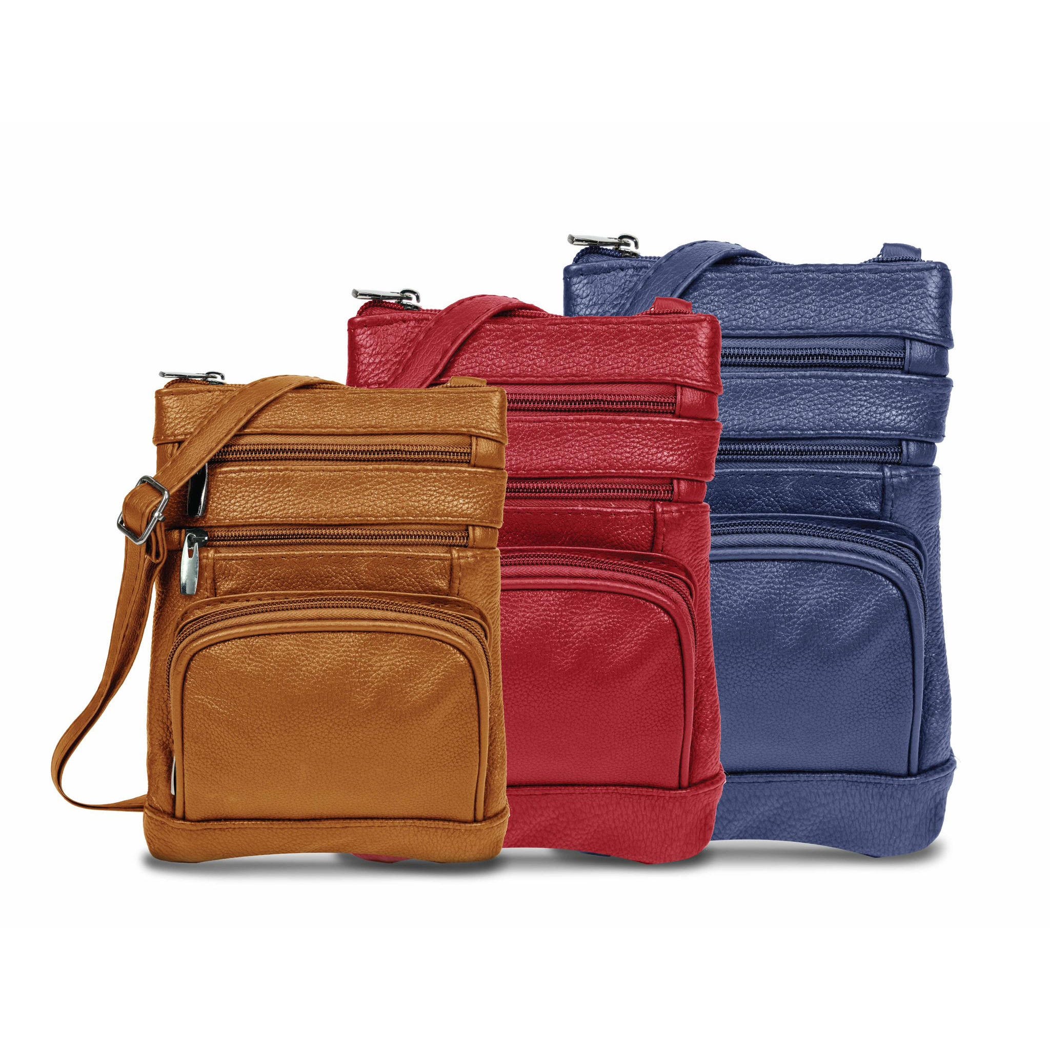 Three crossbody bags in tan, red, and blue with multiple zippered compartments.