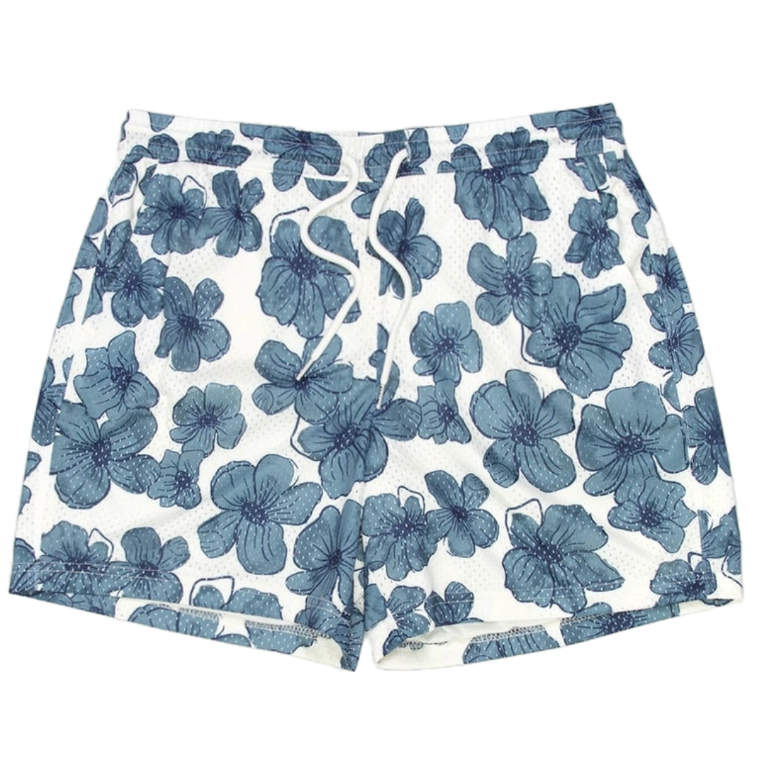 Blue floral-patterned shorts with a white background and drawstring waistband.