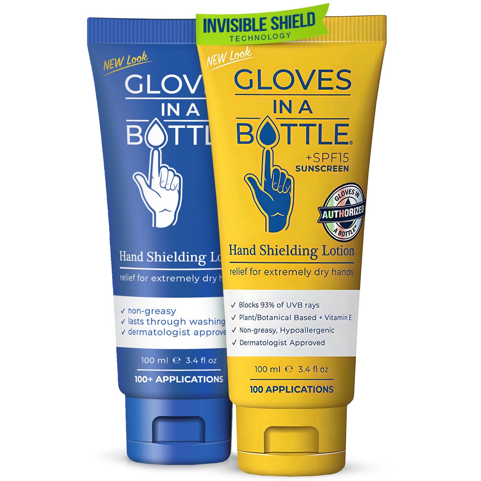 Two tubes of Gloves In A Bottle hand lotion, one with SPF15 sunscreen, both claiming relief for dry hands and offering over 100 applications.