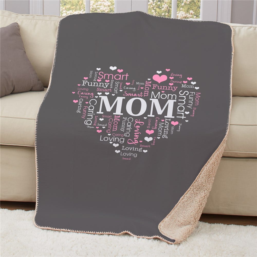 A personalized fleece blanket with a heart shape made of words like 'Smart,' 'Funny,' and 'Loving,' centered around the word 'MOM.'