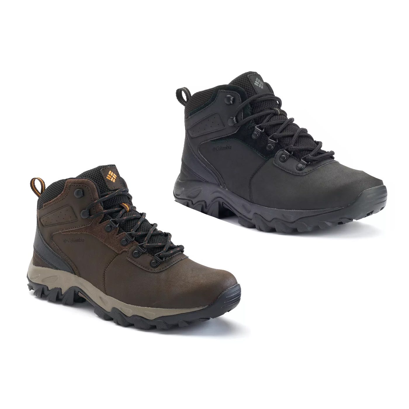 Two pairs of Columbia hiking boots, one in black and the other in brown.