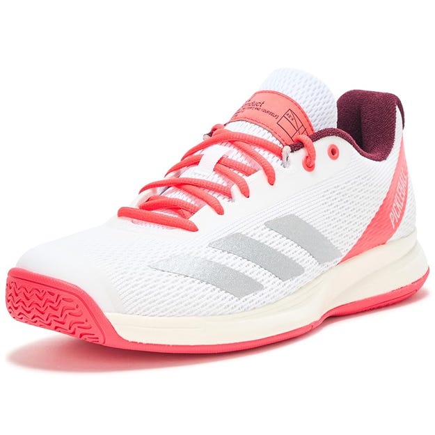 Adidas Men's Pickleball Shoes feature a white mesh upper with red and burgundy accents, including vibrant red laces and a durable red outsole. They are designed for comfort and performance in pickleball activities.