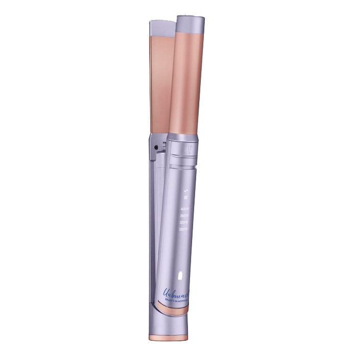 Cordless hair straightener with a metallic finish, featuring heat adjustment buttons and LED indicators.