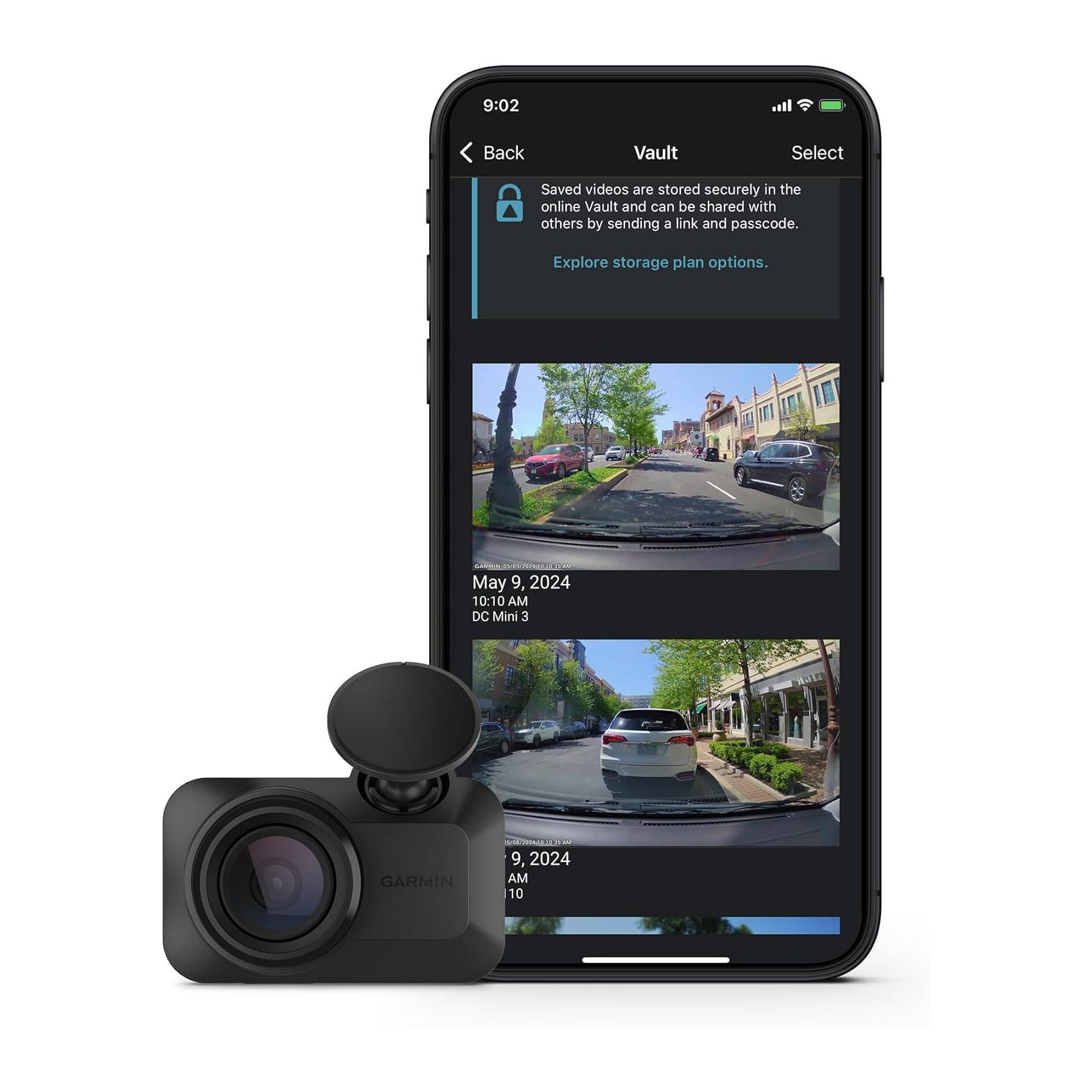 A Garmin dash cam is shown alongside a smartphone displaying recorded video clips stored securely in an online vault.