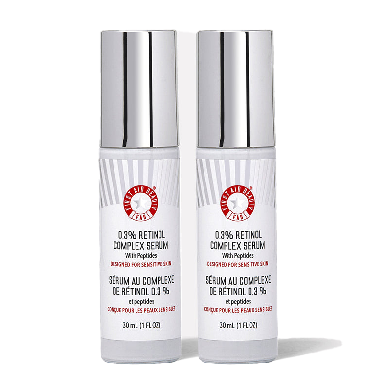 Two bottles of 0.3% Retinol Complex Serum with peptides, designed for sensitive skin, 30 ml each.
