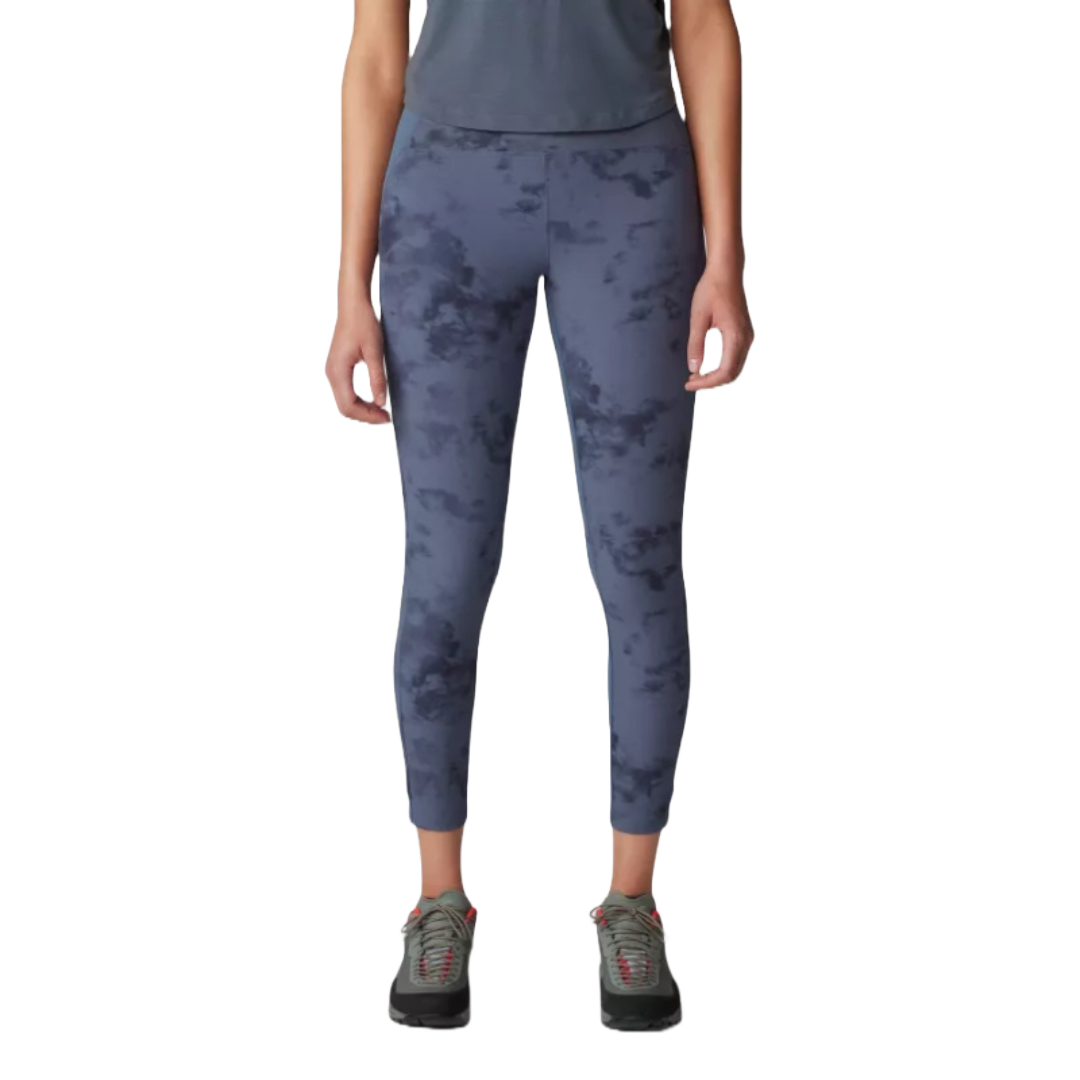 Blue-grey leggings with a cloud-like pattern, paired with gray-green sneakers.