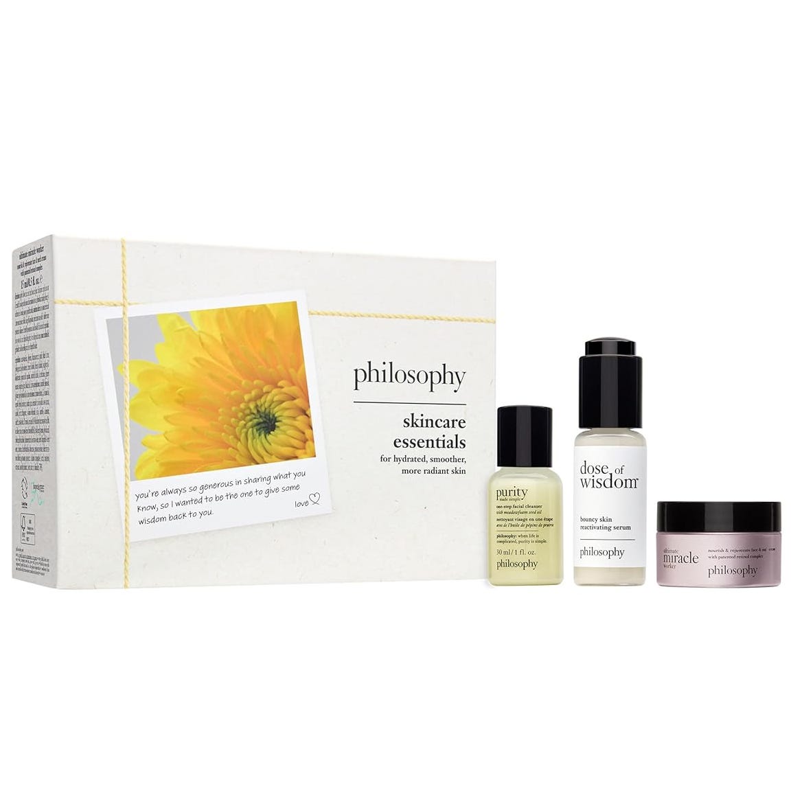 Philosophy Skincare Essentials set includes Purity Made Simple facial cleanser, Dose of Wisdom moisturizing serum, and Renewed Hope in a Jar moisturizer, designed for hydrated, smoother, and more radiant skin.