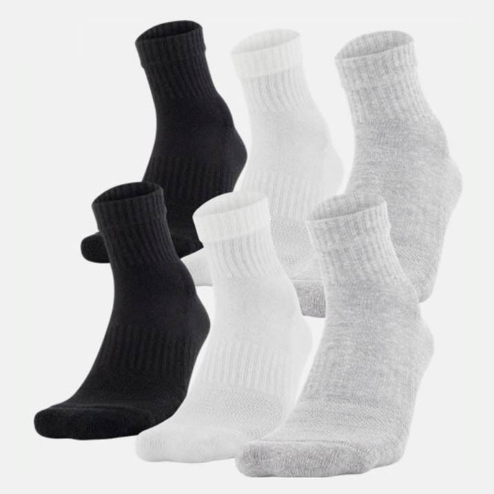 Six pairs of crew socks in black, grey, and white.