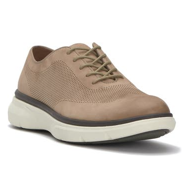 A single light brown casual shoe with laces and a white sole.
