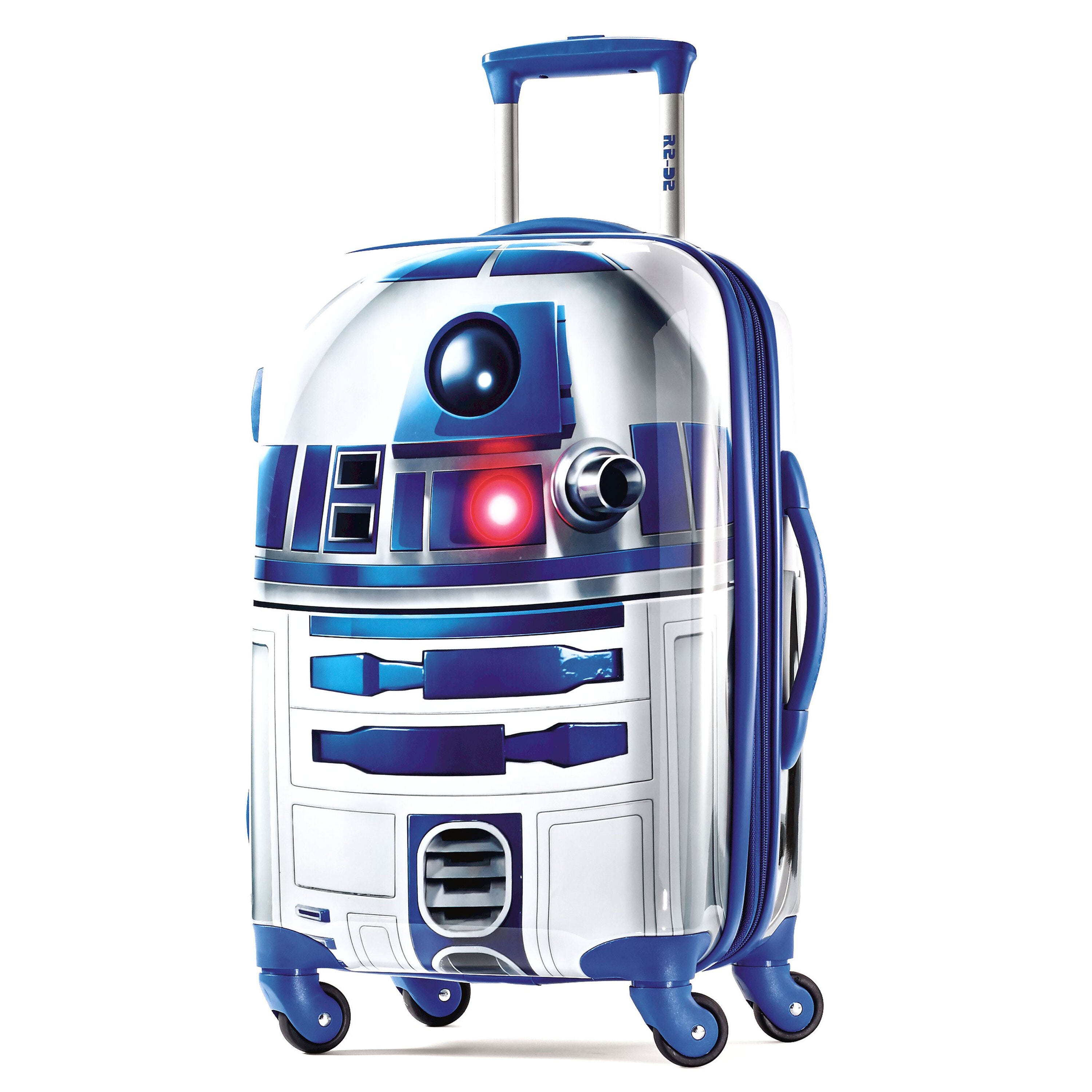 A rolling suitcase styled to resemble R2-D2 from the Star Wars franchise.