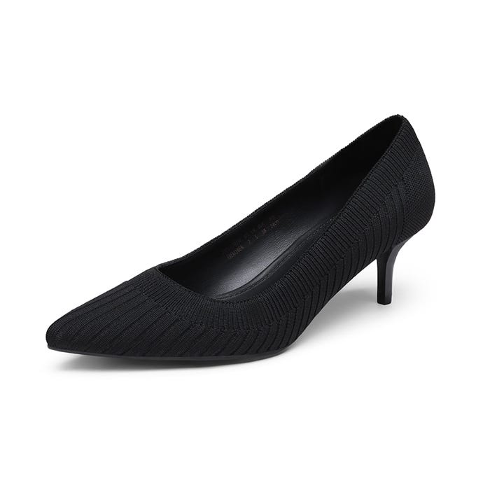 A pair of black knit pump heels with a pointed toe and a short stiletto heel.