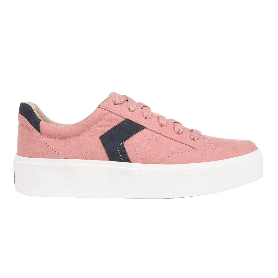 Pink sneaker with a white platform sole, featuring a lace-up design and a dark accent on the side.