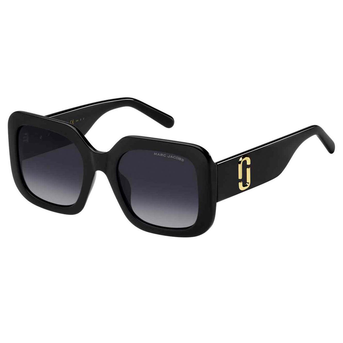 Black square oversized sunglasses with gradient lenses, featuring the Marc Jacobs brand name on the frame and a gold logo on the temples.