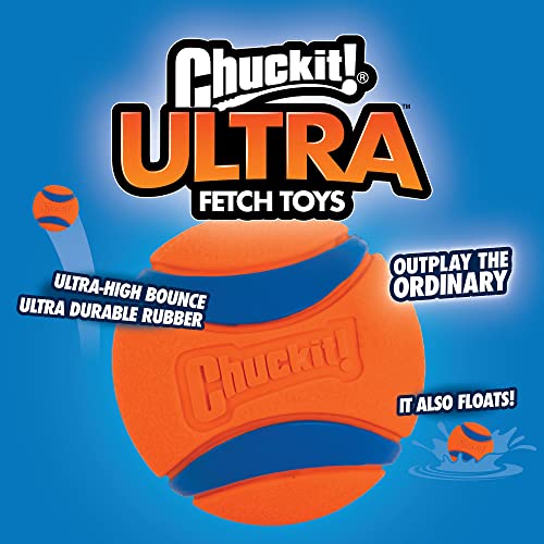 A 2-pack of Chuckit! Ultra orange rubber balls for dogs, featuring high bounce, durability, and buoyancy.