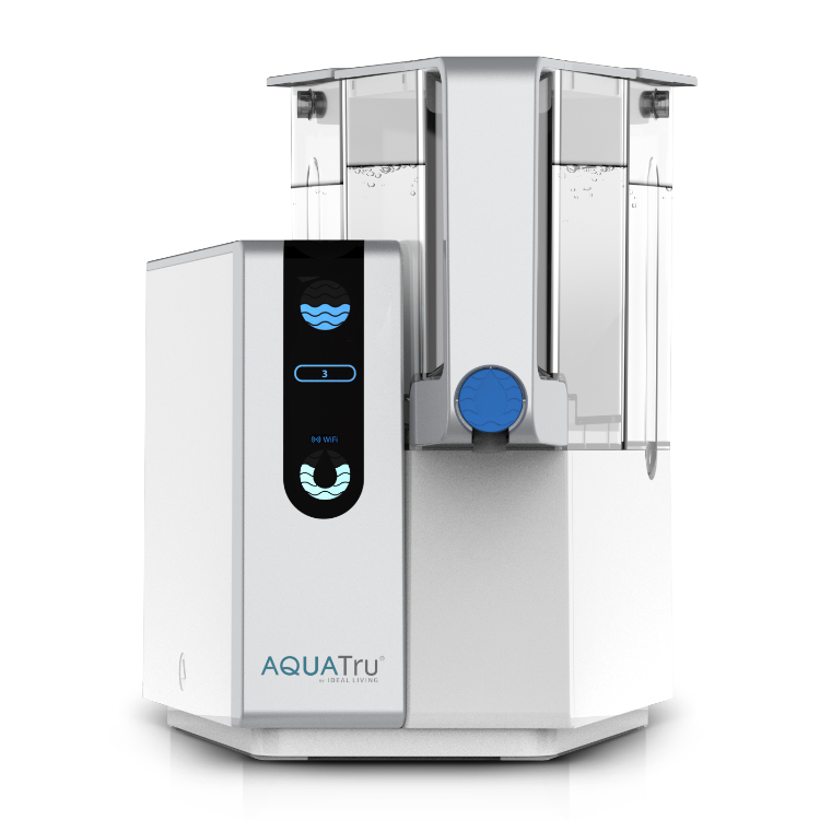 AquaTru Water Purifier is shown with a touchscreen interface and two clear water tanks, one on top and one at the base.