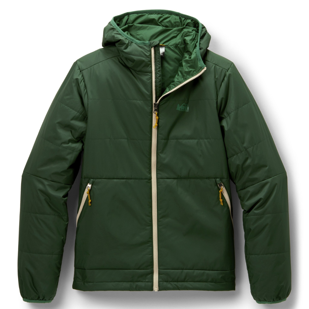 Green hooded jacket with zip closure and two zippered side pockets.