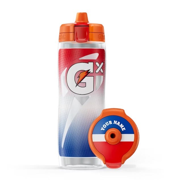 A sports drink bottle with a customizable label spot and an orange lid, alongside a matching orange and white pod for concentrated drink mix.