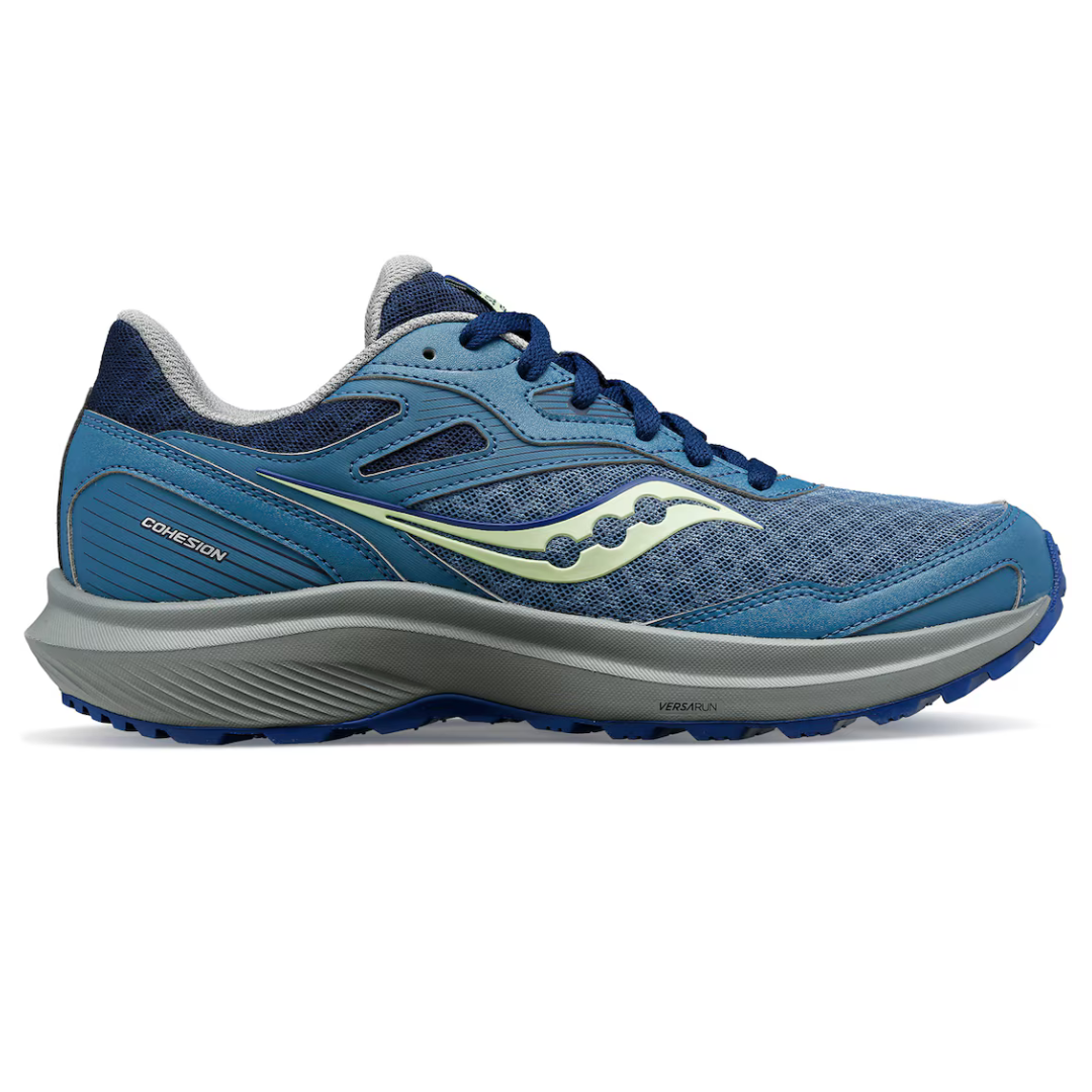 A single blue running shoe with silver and neon green accents.